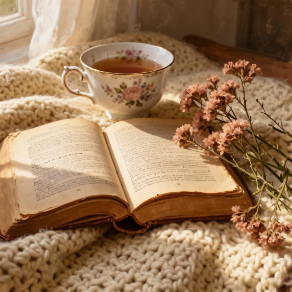 An open vintage novel beside a porcelain teacup and a stem of dried blush blooms